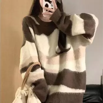 Японский винтажный полосатый пуловер, женский свитер оверсайз, свободный мягкий восковой вязаный топ, осенне-зимний свитер с круглым вырезом, пуловер