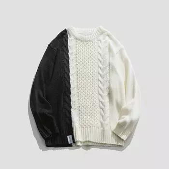 Японский винтажный свитер с цветными блоками, женский пуловер, осень 2023, новый, свободный вязаный свитер с круглым вырезом, пуловер, женское пальто One Size чёрный