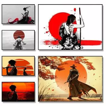 Японский закат самурай плакаты и принты абстрактная настенная живопись бусидо холст картина для гостиной домашнее произведение искусства декор без рамки 21*30cm No Frame