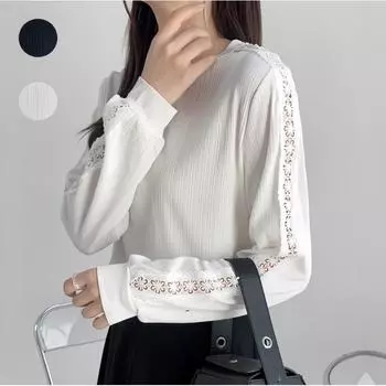 Японский женский однотонный свитер с длинным рукавом и круглым вырезом, узором «кора», ажурными кружевными рукавами, универсальная футболка, топ one size белый