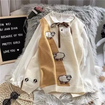 Японский жилет, женский свободный вязаный топ без рукавов с v-образным вырезом, новинка 2022 года, осенний свитер Siki, жилет, повседневный свитер, ткань One Size зелёный