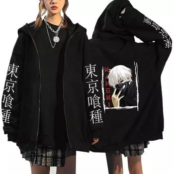 Японское аниме Kaneki Ken Tokyo Ghoul Zipper Hoodies Men Kawaii Manga Graphic Cartoon Jackets Streetwear Sweatshirts Unisex Hooded Coats Tops S