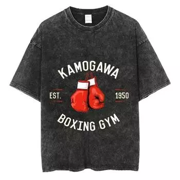 Японское Аниме Оверсайз Рубашки Выстиранный Хлопок Мужские Бокс Винтаж Уличная Одежда Харадзюку Футболка с Коротким Рукавом Свободные Хлопковые Топы S