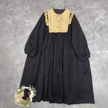 Японское двухслойное платье Johnature из утолщенного кружева с цветными блоками, осенние свободные платья из хлопка в стиле ретро для французских женщин One Size чёрный