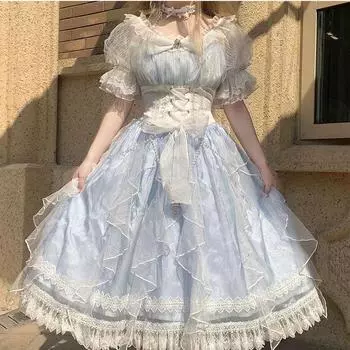 Японское готическое платье Лолиты для женщин Kawaii Bow Bear кружевное синее платье с коротким рукавом платье принцессы костюм на Хэллоуин подарок для девочек S