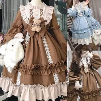 Японское готическое платье Лолиты, женское кавайное кружевное синее платье с бантом и медведем, платье принцессы с длинными рукавами, костюм на Хэллоуин, подарок для девочек XS коричневый