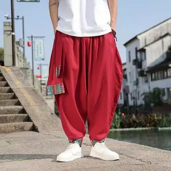 Японское кимоно для мужчин в китайском стиле, хлопок и лен, костюм самурая, пояс с принтом, ретро шаровары, мешковатые брюки, мужские брюки в стиле Харадзюку в стиле хип-хоп 3XL красный