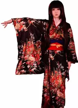 Японское кимоно Hell Girl Косплей Японское платье Длинное юката Цветочный узор Фурисодэ Черный Черный [Lady Lazy] (M) чёрный