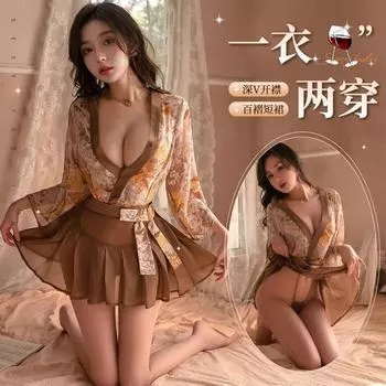 Японское кимоно с перспективным принтом, плиссированная юбка, комплект с перекрестным воротником, дизайн с глубоким V-образным вырезом, сексуальная одежда для сна, женская искушение в постели One Size