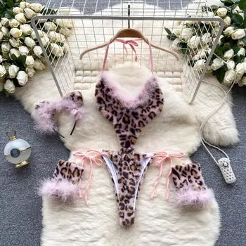 Японское леопардовое чувственное эротическое боди, женское нижнее белье, ажурная оболочка на шнуровке, Romeprs, женский Холтер с открытой спиной и перьями, сладкий сексуальный комбинезон 2024 One Size