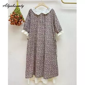 Японское летнее женское свободное платье Mori Girl с воротником Питера Пэна, лоскутное платье с вышивкой, ажурное платье из хлопка и льна, винтажное платье миди One Size