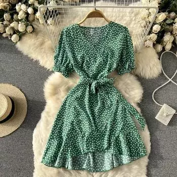 Японское маленькое платье с v-образным вырезом и свежим цветочным принтом, женское летнее платье 2022 года со шнуровкой на талии, тонкое нерегулярное платье «рыбий хвост»