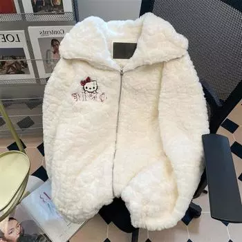 Японское милое пальто из овечьей шерсти с вышивкой в виде котенка для мужчин и женщин на зиму, утолщенное, пушистое пальто с маленьким капюшоном M белый