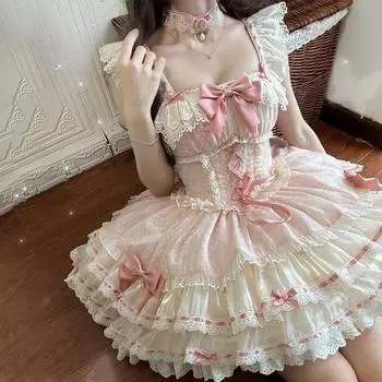Японское милое платье в сеточку Лолита Jsk для женщин Kawaii кружевные оборки с бантом платья для чаепития Harajuku милая розовая принцесса мини-торт 2XL