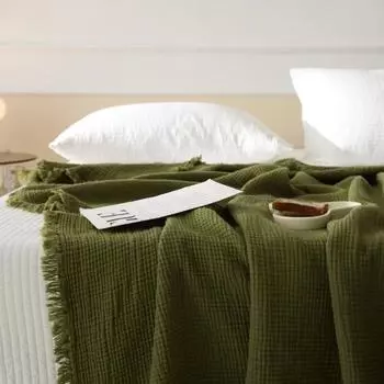 Японское однотонное ретро-одеяло B & B из хлопка с четырьмя слоями пряжи, одеяло с бахромой 130x170cm тёмно-синий