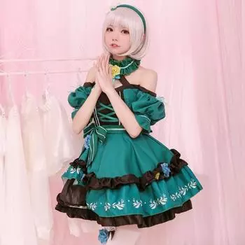 Японское платье Лолиты с зелеными эльфами, женское готическое каваи-миди, женское винтажное милое платье на шнуровке с оборками и бантом, милое женское осеннее платье для горничной free size