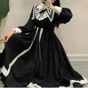 Японское платье Лолиты, женское готическое платье миди Kawaii, женское винтажное милое корейское платье на шнуровке с оборками, новое женское осеннее платье S чёрный