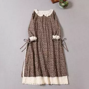 Японское платье Mori Girl на весну и осень, женское хлопково-льняное платье с воротником Питера Пэна, ретро-платье с цветочным принтом, элегантное винтажное платье с вышивкой One Size дубильная кора