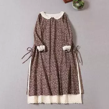 Японское платье Mori Girl на весну и осень, женское хлопково-льняное платье с воротником Питера Пэна, ретро-платье с цветочным принтом, элегантное винтажное платье с вышивкой One Size темно-синий