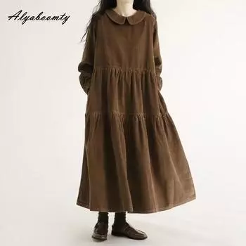 Японское платье Mori Girl Осень-зима для женщин Свободное миди-платье с воротником Питер Пэн Коричневое повседневное платье свободного покроя Винтажное мешковатое вельветовое платье XL