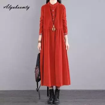 Японское платье Mori Girl осень-зима для женщин миди с воротником-стойкой, синее, красное, коричневое, повседневное, свободное, элегантное платье с винтажной вышивкой XL