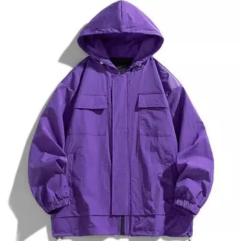 Японское повседневное однотонное свободное пальто с капюшоном, мужская осенняя универсальная водонепроницаемая солнцезащитная куртка из жесткого материала для пар M чёрный
