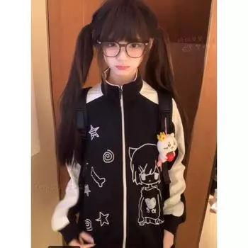 Японское повседневное пальто на молнии Y2k эстетическое контрастное цветное мультяшное принтовое пальто Kawaii для женщин в уличном стиле куртка свободного покроя со стоячим воротником M чёрный