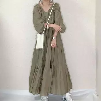 Японское свободное платье большого размера с v-образным вырезом и длинными рукавами, весна-лето 2024, длинные кукольные платья с оборками и пушистым подолом One Size