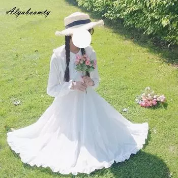 Японское весенне-осеннее женское белое платье в стиле Лолиты с воротником Питера Пэна и высокой талией, платье принцессы феи, милое платье Kawaii для девочек с оборками One Size белый