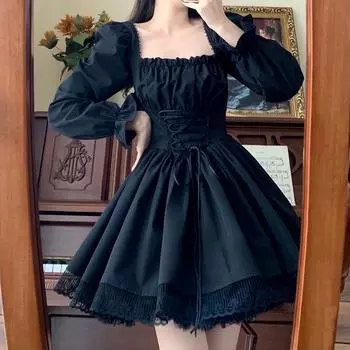 Японское весенне-осеннее женское черное мини-платье с квадратным воротником, бандажное готическое платье принцессы, милое праздничное платье Kawaii Y2K с кружевными оборками M чёрный