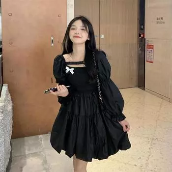 Японское женское черно-белое платье в стиле Харадзюку с квадратным воротником, облегающее бальное платье с бантом, Y2K, милое готическое мини-платье Kawaii для вечеринки One Size чёрный