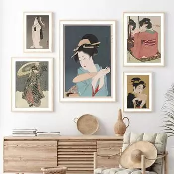 Японское женское кимоно, ретро холст, картина, постер и принт, гейша, женское настенное искусство, HD фотографии, чайный домик, домашний декор 21x30cm No Framed