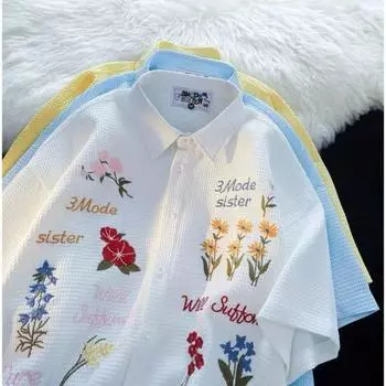 Яркая цветочная вышитая женская рубашка, свободные повседневные рубашки с коротким рукавом, летний женский однобортный дышащий топ M белый