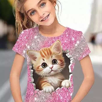 Яркая футболка с коротким рукавом и принтом мультяшного кота - красочный градиентный летний подарок для девочек 100