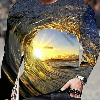 Яркая футболка с рисунком Sunrise Ocean 3D, новинка, длинный рукав, круглый вырез, мягкая одежда для отдыха на весну и осень для мужчин, идея для подарка S