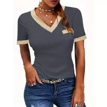 Яркая футболка с V-образным вырезом и цветными блоками - Женские летние футболки с коротким рукавом и карманом - Повседневные футболки S
