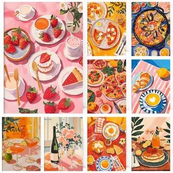Яркая настенная живопись на кухне Клубника Паэлья Морепродукты Кофе Круассан Пицца Холст Плакат Печать Идеальный домашний декор для столовой C 21cm30cm NoFrame