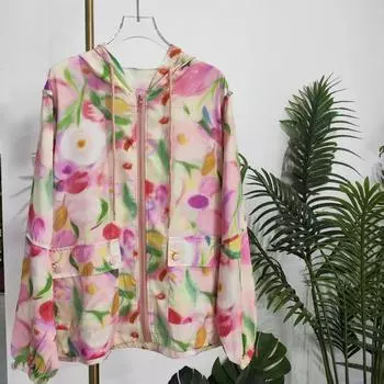 Яркая принтованная женская куртка с капюшоном, свободная ветровка с длинными рукавами, куртки на молнии, летняя женская тонкая одежда One Size