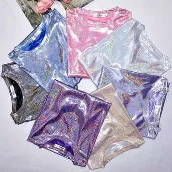 Яркая шелковая футболка, блестящий топ с короткими рукавами, женская летняя одежда, модная универсальная нижняя рубашка XXXXXXL