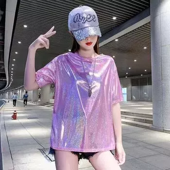 Яркая шелковая футболка, блестящий топ с короткими рукавами, женская летняя одежда, модная универсальная нижняя рубашка XXXXXXL