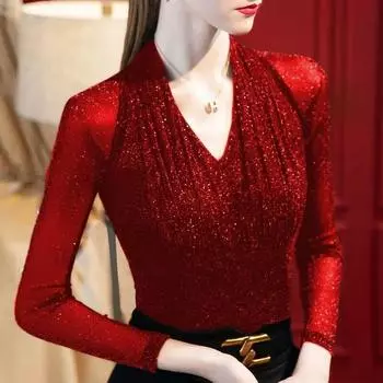 Яркая шелковая сетчатая футболка с v-образным вырезом для женщин, весенне-осенняя новая рубашка с длинными рукавами, модный темпераментный эластичный топ S-4XL M чёрный