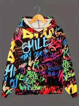 Яркая толстовка с капюшоном в стиле граффити — регулируемый шнурок, длинный рукав, мягкий дизайн толстовки, идеально подходит для повседневной носки — женская одежда S