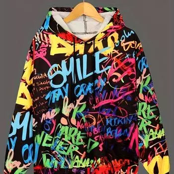 Яркая толстовка с капюшоном в стиле граффити, регулируемая завязка на шнурке, с длинным рукавом, дизайн идеальной повседневной женской одежды S