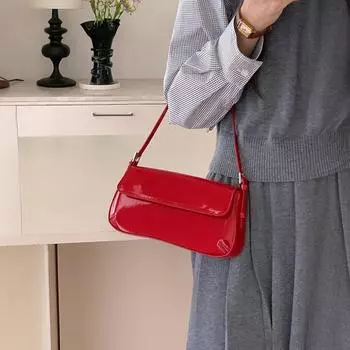 Яркая женская сумка из искусственной кожи в стиле ретро, красная горизонтальная сумка через плечо, модная простая сумка через подмышку чёрный