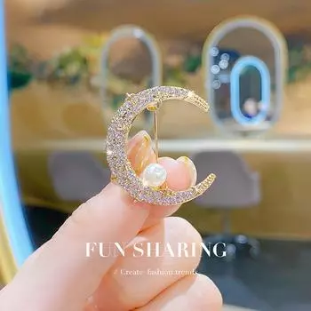 Яркая Звезда Жемчужная Брошь Женская Полная Алмазная Луна Булавка Фиксированная Одежда Анти-Свет Брошь Воротник