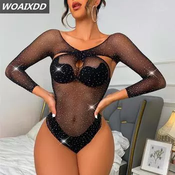 Яркие бриллианты сексуальное женское белье летние топы горячие женщины прозрачный боди костюм сетчатые боди чулки пайетки комбинезон порно боди XXS