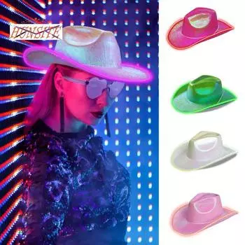 Яркие цвета ковбойская шляпа с широкими полями, ветрозащитная веревка, голографическая светодиодная шляпа для Хэллоуина, джазовая шляпа, модные аксессуары розовый