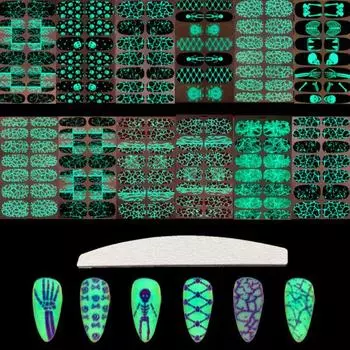 Яркие цвета, светящиеся обертывания для ногтей на Хэллоуин, модные наклейки для дизайна ногтей, легко управляемые маникюрные самоклеящиеся обертывания для ногтей 18