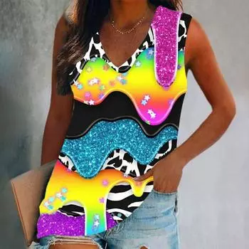 Яркие кристальные жидкие 3D-принты, майки, женская летняя уличная одежда, свободный жилет с V-образным вырезом, без рукавов, женская майка S