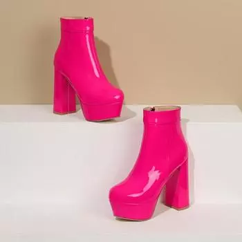 Яркие лакированные кожаные розово-красные ботинки, женские готические сапоги на платформе на массивном каблуке, розовые, бежевые туфли на высоком каблуке 43 34